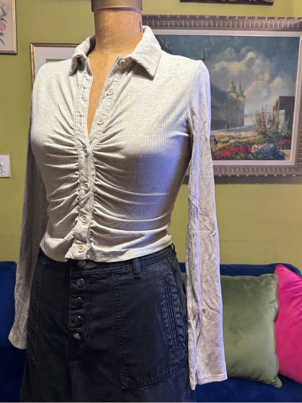 Reformation Ruched Long-Sleeve Collared Top in Light Gray
